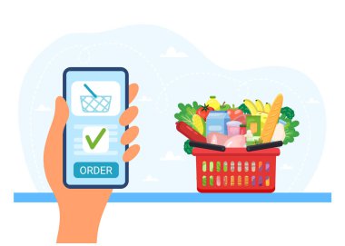 İnternetten alışveriş sipariş et. Akıllı telefondan sipariş ver ve kredi kartıyla öde. Marketi farklı olan bir araba. Düz biçimli vektör illüstrasyonu