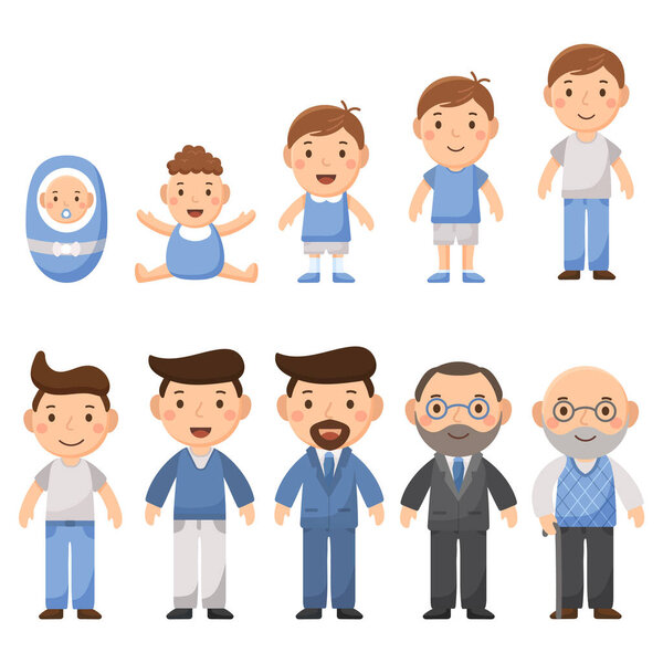 Men characters set of characters in a flat style. The cycle of life, growing up male. From infant to grandfather