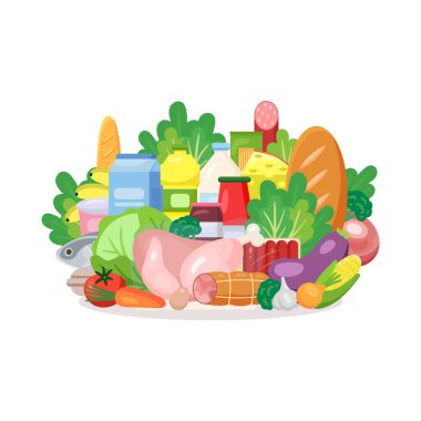 Taze gıda kavramı - farklı yiyecek ve içecek ürünleri - market sepeti, emtia paketi, market alışverişi. Düz biçimli vektör illüstrasyonu