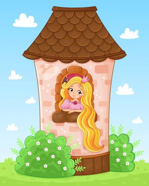 Fairy Tale scene with cute princess in the tower illustration. Vector illustration in a cartoon style