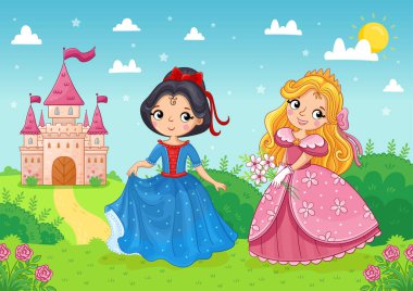 Çiçekli bir çayırda, güzel bir şatonun arka planına karşı duran iki güzel prenses. Çizgi film tarzında bir kızla vektör illüstrasyonu