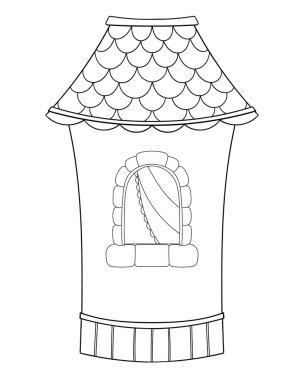 Çizgi film stili siyah beyaz bir kule. Bir kalenin ortaçağ kulesi ve büyük bir pencere. Beyaz arka planda şirin bir kule. Çocuklar için boyama kitabı ve sayfa