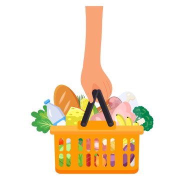 Beyaz bir arka planda içi taze ürünlerle dolu alışveriş sepeti. Süpermarketten alışveriş yap. Düz biçimli vektör illüstrasyonu