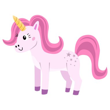 Beyaz arka planda şirin bir tek boynuzlu at. Tebrik kartları, davetiyeler, dekorasyon, Bebek Duşu için Yazdırma vs..