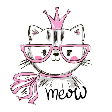 El çizimi, gözlüklü taçlı sevimli kedi ve yazı miyavlaması. Çizgi film tarzında vektör illüstrasyonu