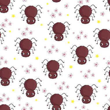 Beyaz arka planda sevimli örümceklerin olduğu kusursuz bir desen. Çizgi film tarzında böcekle vektör illüstrasyonu