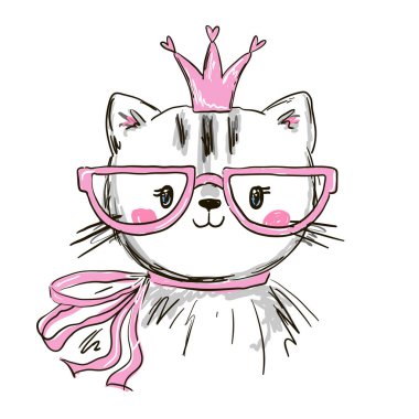 El çizimi, gözlüklü taçlı sevimli bir kedi. Çizgi film tarzında vektör illüstrasyonu