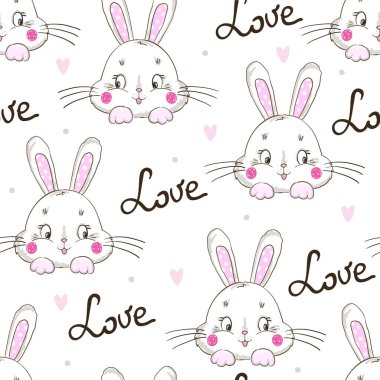 Güzel bir çizgi film tavşanı ve yazıt sevgisiyle kusursuz bir desen. Vektör çizimi. Yaratıcı çocuksu arkaplan