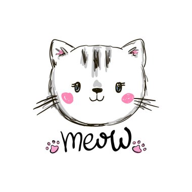 El çizimi şirin kedi ve miyavlama yazısı. Çizgi film tarzında vektör illüstrasyonu