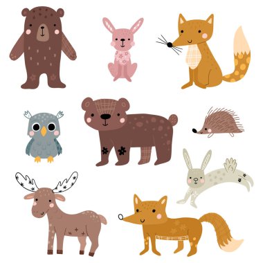 A collection of cute forest animals, including bears, foxes, rabbits, a hedgehog, an owl, and a moose. Each animal has a playful, cartoonish style with soft colors and decorative patterns clipart