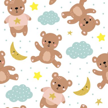 Beyaz arka planda sevimli oyuncak ayılar, yıldızlar, bulutlar ve hilal ayları barındıran kusursuz desenler.