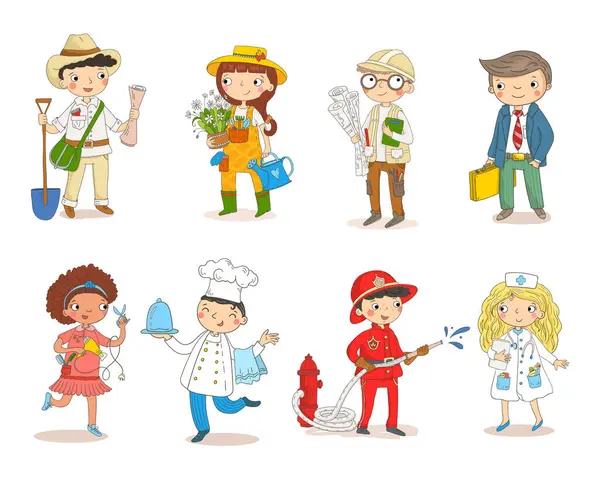 Bir çiftçi, bahçıvan, mimar, işadamı, moda tasarımcısı, şef, itfaiyeci ve hemşire gibi çeşitli profesyoneller gibi giyinmiş çocuklar.