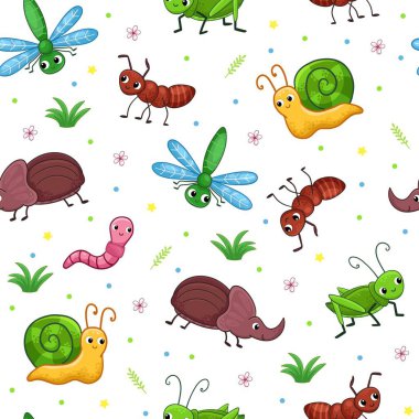 Çizgili pastel arka planda böcekleri ve salyangozu olan, şakacı, pürüzsüz bir desen. Vektör çizgi film illüstrasyonu.