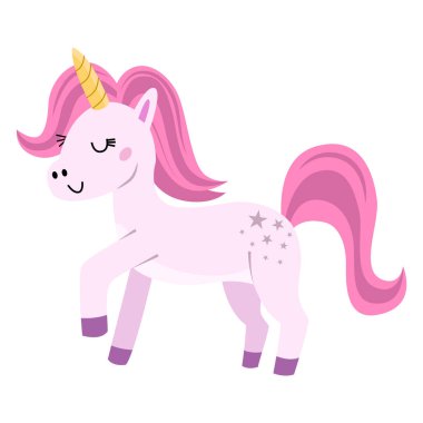 Beyaz arka planda şirin bir tek boynuzlu at. Tebrik kartları, davetiyeler, dekorasyon için iyidir..