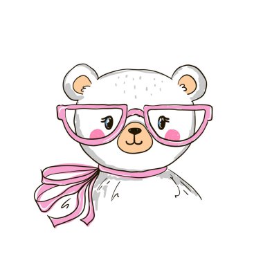 Gözlüklü ve fiyonklu el çizimi şirin bir ayı. Çizgi film tarzında vektör illüstrasyonu.