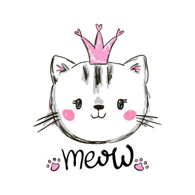 El çizimi, gözlüklü taçlı sevimli kedi ve yazı miyavlaması. Çizgi film tarzında vektör illüstrasyonu