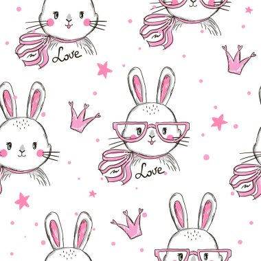 Güzel bir çizgi film tavşanı ile kusursuz bir desen. Vektör çizimi. Yaratıcı çocuksu arkaplan