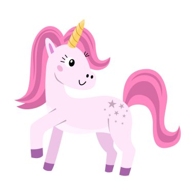 Beyaz arka planda şirin bir tek boynuzlu at. Tebrik kartları, davetiyeler, dekorasyon için iyidir..