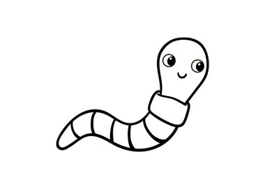 Beyaz arka planda sevimli siyah beyaz solucan. Çizgi film tarzında böcekle vektör illüstrasyonu