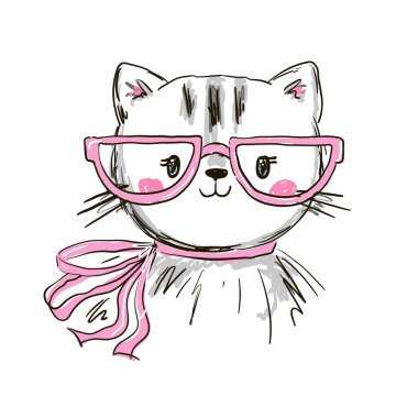 Elle çizilmiş gözlüklü sevimli kedi. Çizgi film tarzında vektör illüstrasyonu