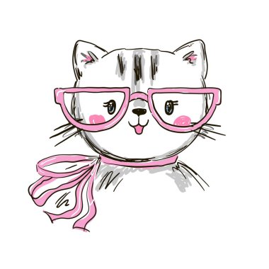 Elle çizilmiş gözlüklü sevimli kedi. Çizgi film tarzında vektör illüstrasyonu