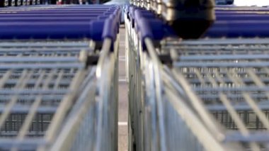 many trolley shopping cart with coin lock anti theft system outside in row sunny day different angles blue handle chain blocked carts,details.man analysis receipt prices money spent next to car