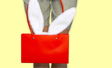 girl is holding in hand a red gift bag with bunny ears, headband. in front of her legs,short pants. Wide banner on different colors background. concept of online shopping for Easter, purchases sale 