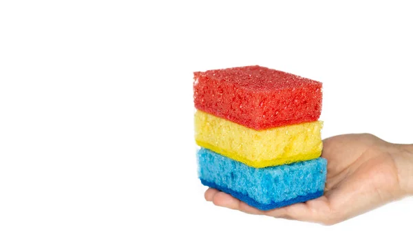Multicolored sponges for cleaning. blue, green, red, yellow, blue and green colors. space for text. Kitchen cleaning set sponge background. 