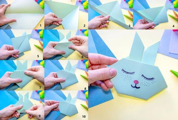 step by step how to make an origami rabbit. easter holiday, greeting card. cute sleeping bunny. Do it yourself concept, activities for kids. instructions for art project for preschool. rabbit 2023