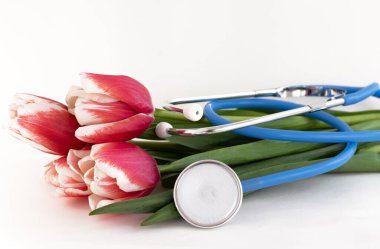 red tulips bouquet stethoscope balloon from glove isolated medical concept spring or professional doctor nurse medical assistant holiday.mockup free space for text advertising banner