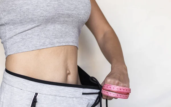 Weight Loss Nutrition Get Slim Fit Concept Woman Holding Vacuum — Φωτογραφία Αρχείου