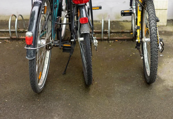 Sok Kerékpár Parkolóban Mellett Épület Városi Stílusú Utcai Fotót Közelkép — Stock Fotó