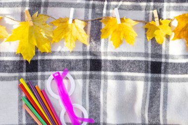 Sonbahar yaprakları renkli kalemler çerçeveli sonbahar yaprakları çerçeveler boş alan, sert güneş ışığı. Sıcak çay, yaprakların ortasında kalp. Yapraklara asılı dekoratif iğneler. Okula geri dön.