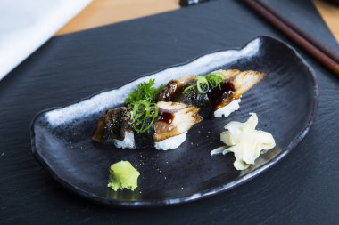 Nigirii eel. Sushi rice combination with smoked eel fish.