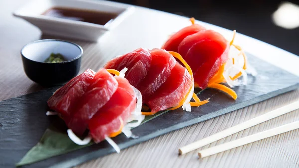 Tuna sashimi in a Japanese restaurant in Tokyo.