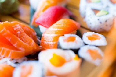 Salmon sushi nigiri in a Japanese restaurant in Tokyo.