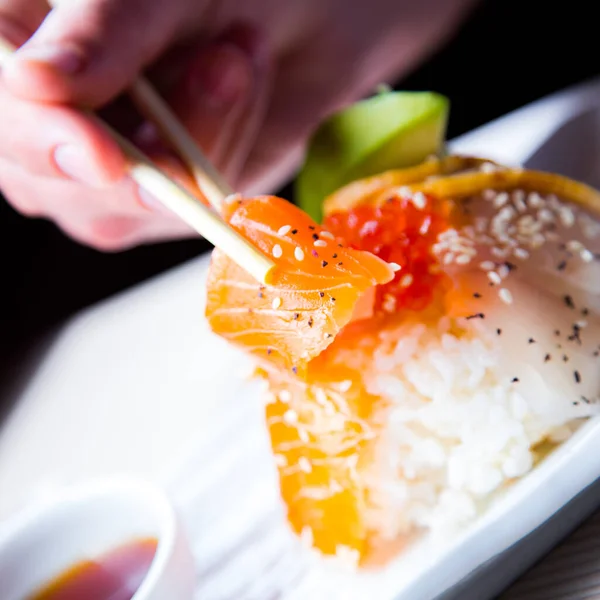 Salmon Sashimi Sashimi Japanese Dish Consists Mainly Raw Seafood Fish — Φωτογραφία Αρχείου