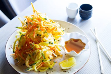 Japanese tempura with vegetables and seafood.