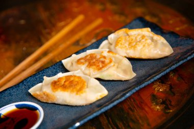 Japanese gyoza. Rice pasta dumplings stuffed with meat, fish or vegetables. They are cooked on the grill or fried.