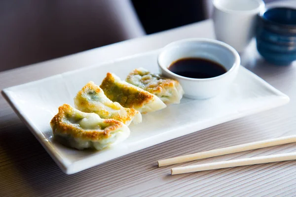 Japanese Gyoza Rice Pasta Dumplings Stuffed Meat Fish Vegetables Cooked —  Fotos de Stock