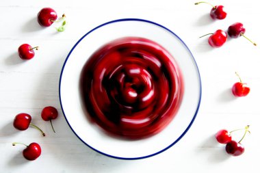 Aerial view of a plate with cherries.