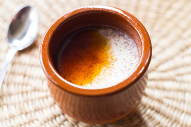 Egg Flan or Pudding made with organic eggs, yolks, milk, sugar and liquid caramel to cover it