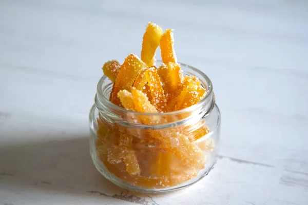 Candied Orange Sticks Sugar Served Glass — Stock fotografie
