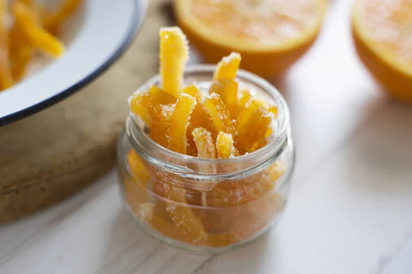 Candied Orange Sticks Sugar Served Glass — Stock Photo, Image