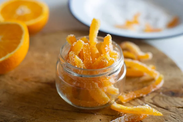 Sinaasappelstokjes Suiker Geserveerd Een Glas — Stockfoto