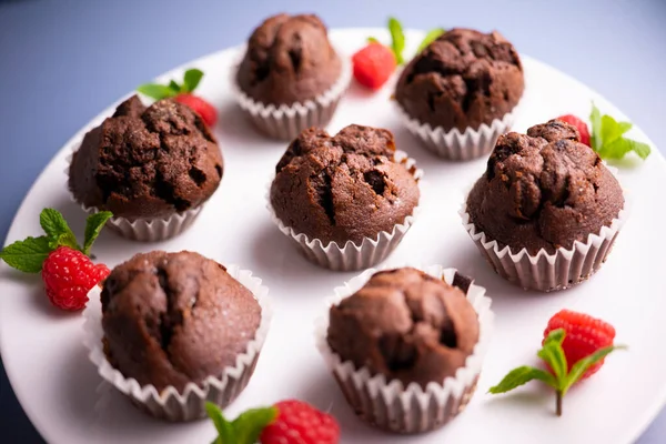 Chocolate muffins with chocolate chips inside.