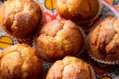 Homemade muffins made with egg and honey.