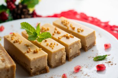 Turron Nougat mousse cake. Traditional Christmas dessert in Spain.