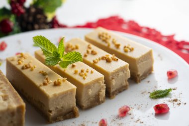 Turron Nougat mousse cake. Traditional Christmas dessert in Spain.