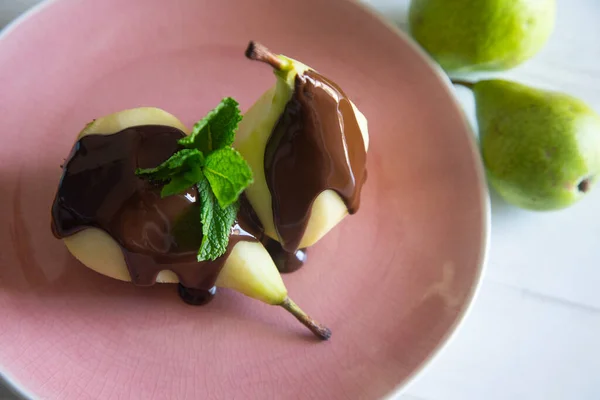 Pears Melted Chocolate Top — Stock Photo, Image